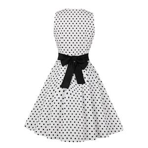 Vintage Sweetheart Neckline Button Bodice Polka Dots Sleeveless Belted Cocktail Midi Dress N21842