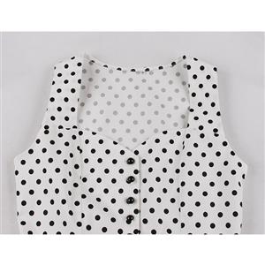 Vintage Sweetheart Neckline Button Bodice Polka Dots Sleeveless Belted Cocktail Midi Dress N21842