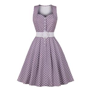 Vintage Sweetheart Neckline Button Bodice Polka Dots Sleeveless Belted Cocktail Midi Dress N21850