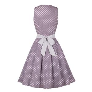 Vintage Sweetheart Neckline Button Bodice Polka Dots Sleeveless Belted Cocktail Midi Dress N21850