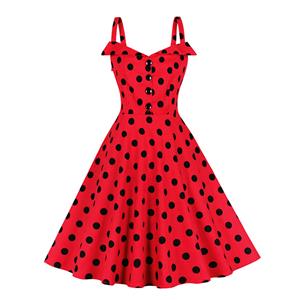 1950s Retro Polka Dots Shoulder Straps Sweetheart Bodice High Waist Summer A-line Dress N22197