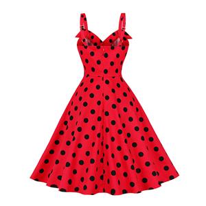 1950s Retro Polka Dots Shoulder Straps Sweetheart Bodice High Waist Summer A-line Dress N22197