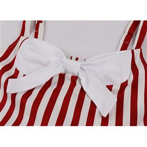 1950s Vintage Striped Sweetheart and Bowknot Bodice Straps Summer Party Swing Dress N22247