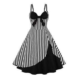 1950s Vintage Striped Sweetheart and Bowknot Bodice Straps Summer Party Swing Dress N22248