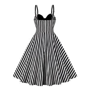 1950s Vintage Striped Sweetheart and Bowknot Bodice Straps Summer Party Swing Dress N22248