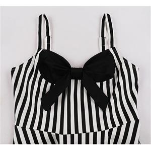 1950s Vintage Striped Sweetheart and Bowknot Bodice Straps Summer Party Swing Dress N22248