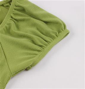 Vintage Green Sweetheart Neckline Lace-up Short Sleeve T-shirt Slim Crop Top N21343