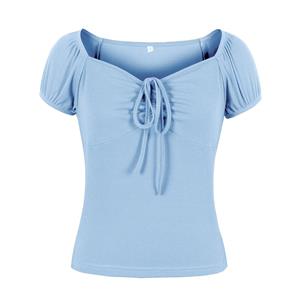 Vintage Light-blue Sweetheart Neckline Lace-up Short Sleeve T-shirt Slim Crop Top N21344