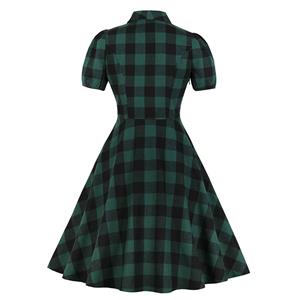 Retro Tartan Lapel Short Sleeve Plaid High Waist A-line Midi Dress N18757