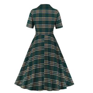 Vintage Tartan Lapel Short Sleeve Plaid Button High Waist A-line Big Swing Dress N20965