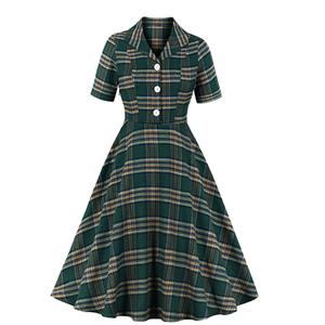 Vintage Tartan Lapel Short Sleeve Plaid Button High Waist A-line Big Swing Dress N20965