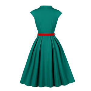 Vintage Teal Green A-Line Dress with Red Belt and Front Buttons - 1960s Style Shift Dress for Women N23820