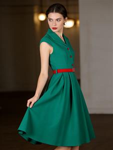 Vintage Teal Green A-Line Dress with Red Belt and Front Buttons - 1960s Style Shift Dress for Women N23820