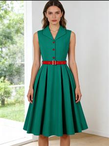Vintage style, Teal green color, Red waist belt, A-line skirt, Four front buttons, Sleeveless design, Lightweight fabric, 1960s fashion, Casual retro dress, Flowy silhouette #N23820