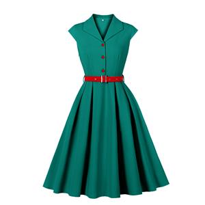 Vintage Teal Green A-Line Dress with Red Belt and Front Buttons - 1960s Style Shift Dress for Women N23820