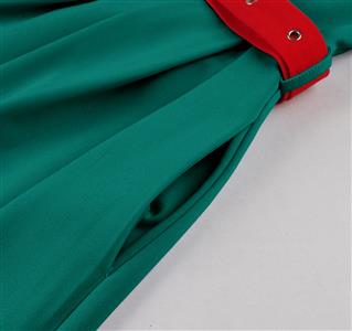 Vintage Teal Green A-Line Dress with Red Belt and Front Buttons - 1960s Style Shift Dress for Women N23820