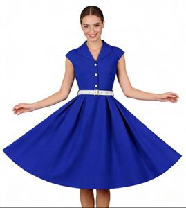 Vintage style, Royal blue color, White contrast belt, Five front buttons, A-line skirt, Sleeveless design, Lightweight fabric, Shift dress silhouette, Classic retro fashion, Easy to wear #N23821