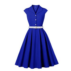 Vintage Royal Blue A-Line Dress with White Belt and Front Buttons - Classic Sleeveless Shift Dress N23821