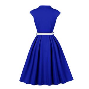 Vintage Royal Blue A-Line Dress with White Belt and Front Buttons - Classic Sleeveless Shift Dress N23821
