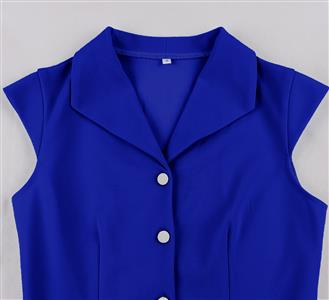Vintage Royal Blue A-Line Dress with White Belt and Front Buttons - Classic Sleeveless Shift Dress N23821