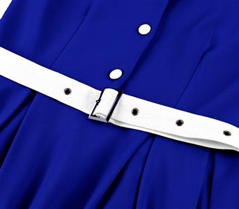 Vintage Royal Blue A-Line Dress with White Belt and Front Buttons - Classic Sleeveless Shift Dress N23821