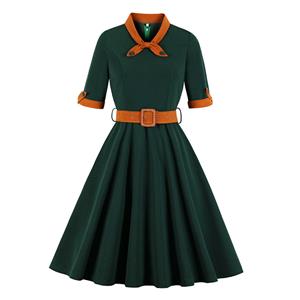 1950's Vintage Tie Collar Half Sleeve High Waist Belted A-line Midi Dress N19588