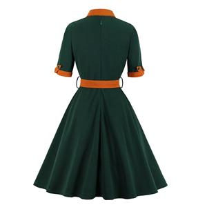 1950's Vintage Tie Collar Half Sleeve High Waist Belted A-line Midi Dress N19588