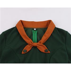 1950's Vintage Tie Collar Half Sleeve High Waist Belted A-line Midi Dress N19588
