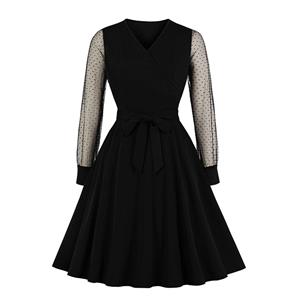 Sexy Black V Neck Sheer Mesh Long Sleeve Belted Party Midi Dress N19589