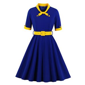 1950's Vintage Tie Collar Half Sleeve High Waist Belted A-line Party Midi Dress N20111