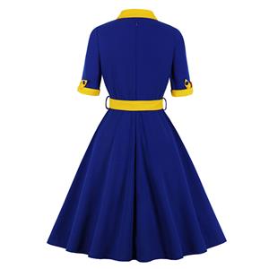 1950's Vintage Tie Collar Half Sleeve High Waist Belted A-line Party Midi Dress N20111