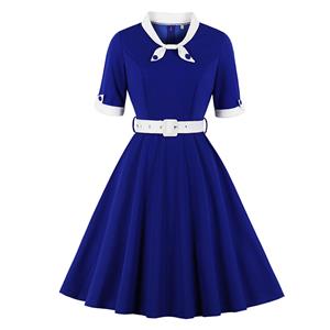 1950's Vintage Tie Collar Half Sleeve High Waist Belted A-line Party Midi Dress N20112