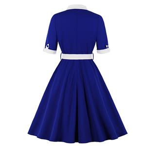 1950's Vintage Tie Collar Half Sleeve High Waist Belted A-line Party Midi Dress N20112