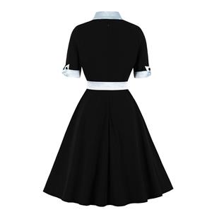 1950's Vintage Tie Collar Half Sleeve High Waist Belted A-line Party Midi Dress N20936