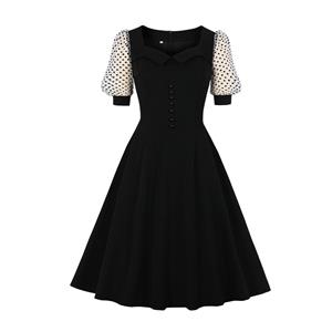 Sexy Black French Square Collar Sheer Mesh Dots Puff Sleeve Button Party Midi Dress N21340