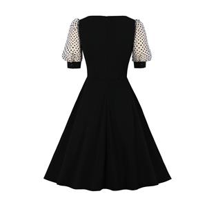 Sexy Black French Square Collar Sheer Mesh Dots Puff Sleeve Button Party Midi Dress N21340