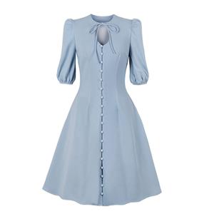 Vintage Light Blue Low-cut Tie Collar Half Sleeve Front Button High Waist Party Midi Dress N21588