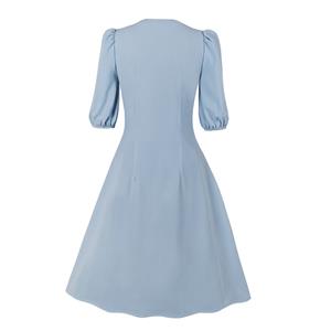 Vintage Light Blue Low-cut Tie Collar Half Sleeve Front Button High Waist Party Midi Dress N21588