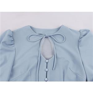 Vintage Light Blue Low-cut Tie Collar Half Sleeve Front Button High Waist Party Midi Dress N21588