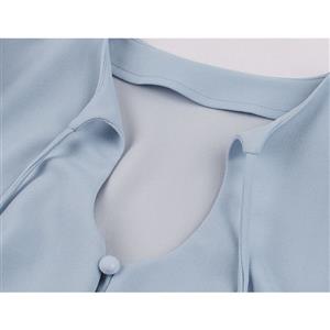 Vintage Light Blue Low-cut Tie Collar Half Sleeve Front Button High Waist Party Midi Dress N21588