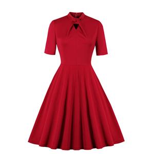 Vintage Women Solid Color Tie Collar Short Sleeve High Waist A-line Midi Dress N19594