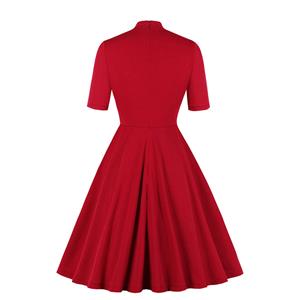 Vintage Women Solid Color Tie Collar Short Sleeve High Waist A-line Midi Dress N19594