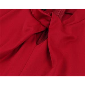 Vintage Women Solid Color Tie Collar Short Sleeve High Waist A-line Midi Dress N19594
