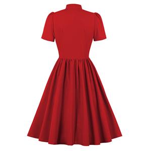 Vintage Tie Collar Front Button Short Sleeve Solid Color High Waist Cocktail Party Midi Dress N21604