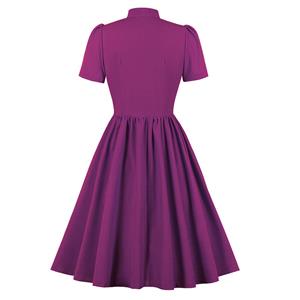 Vintage Tie Collar Front Button Short Sleeve Solid Color High Waist Cocktail Party Midi Dress N21605