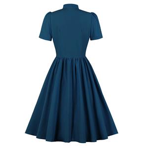 Vintage Tie Collar Front Button Short Sleeve Solid Color High Waist Cocktail Party Midi Dress N21606