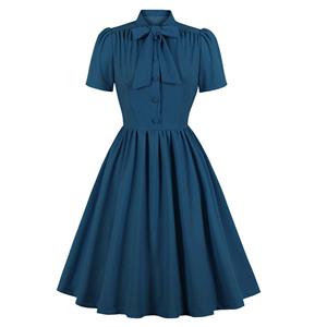 Vintage Tie Collar Front Button Short Sleeve Solid Color High Waist Cocktail Party Midi Dress N21606