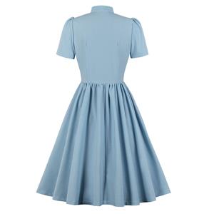 Vintage Tie Collar Front Button Short Sleeve Solid Color High Waist Cocktail Party Midi Dress N21607