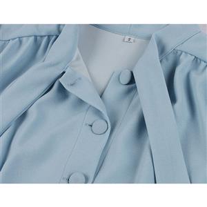 Vintage Tie Collar Front Button Short Sleeve Solid Color High Waist Cocktail Party Midi Dress N21607