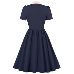 Vintage Tie Collar Front Button Short Sleeve Solid Color High Waist Cocktail Party Midi Dress N23557